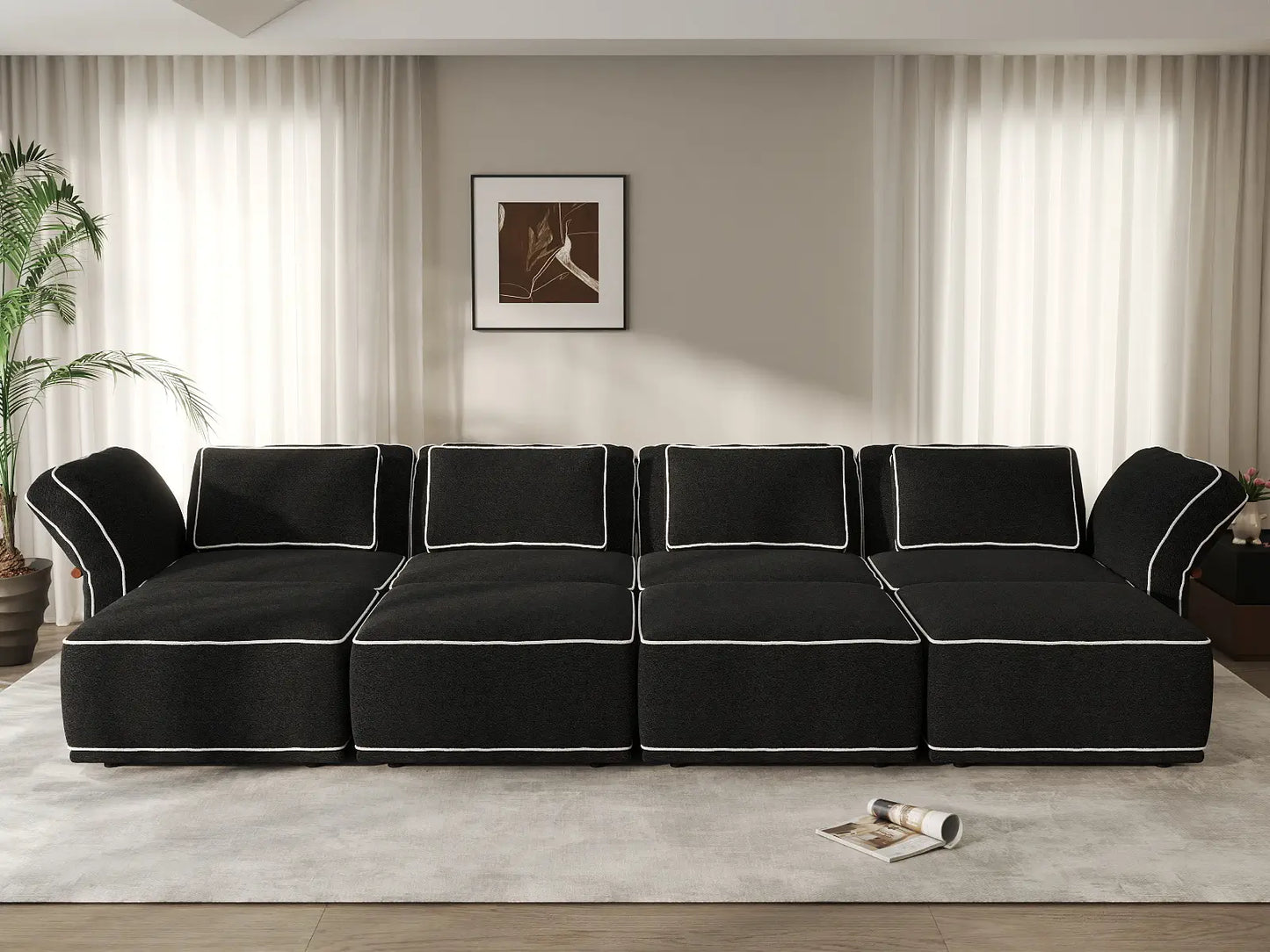 Deluxe Cloud 4-Seater Black Open Space U-Shaped Sectional | 8-Piece (Includes 4 Ottomans), Bouclé Sherpa-Like Fabric, Easy To Clean
