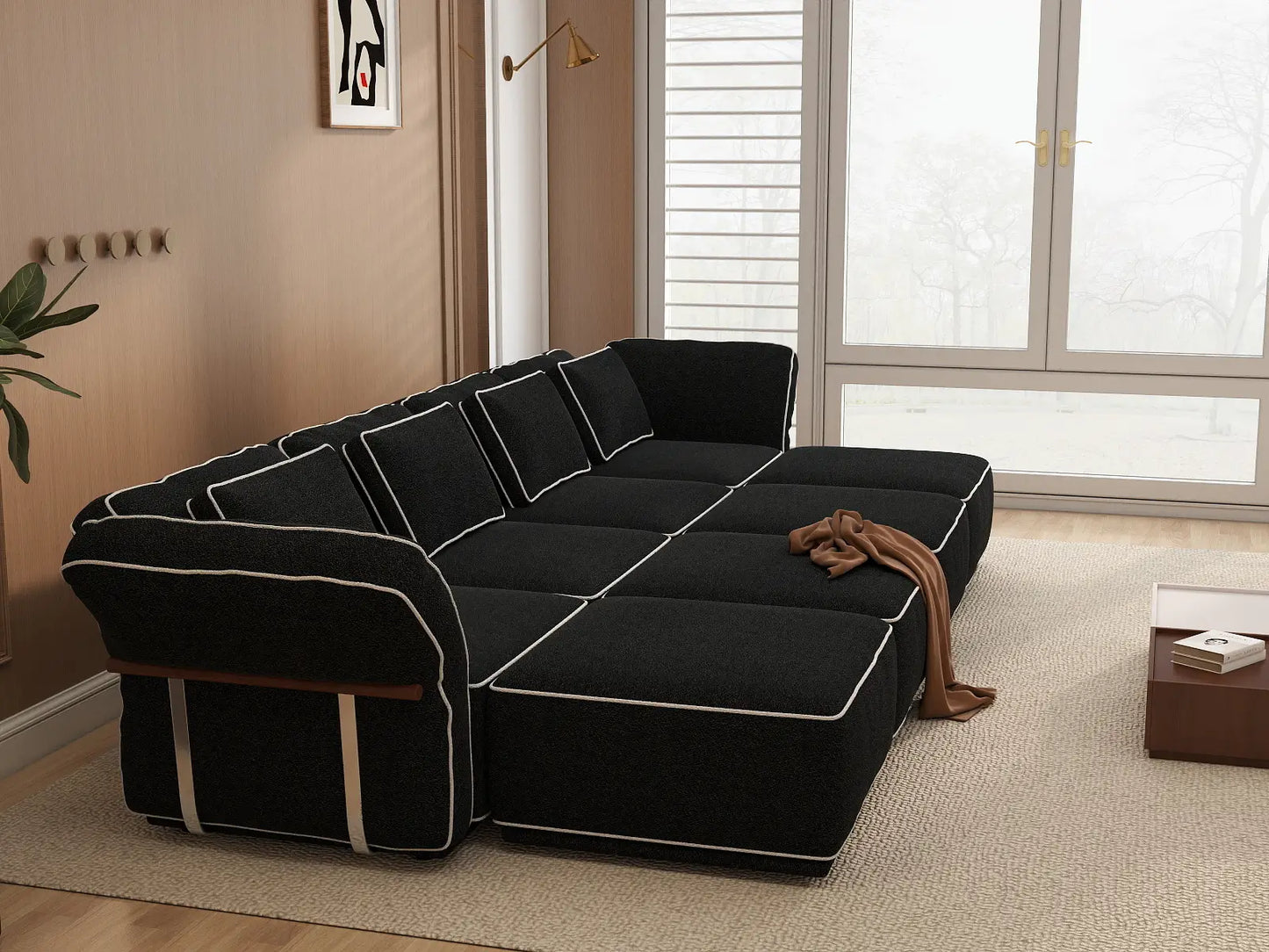 Deluxe Cloud 4-Seater Black Open Space U-Shaped Sectional | 8-Piece (Includes 4 Ottomans), Bouclé Sherpa-Like Fabric, Easy To Clean