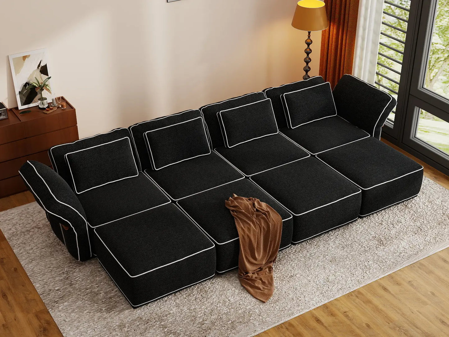 Deluxe Cloud 4-Seater Black Open Space U-Shaped Sectional | 8-Piece (Includes 4 Ottomans), Bouclé Sherpa-Like Fabric, Easy To Clean