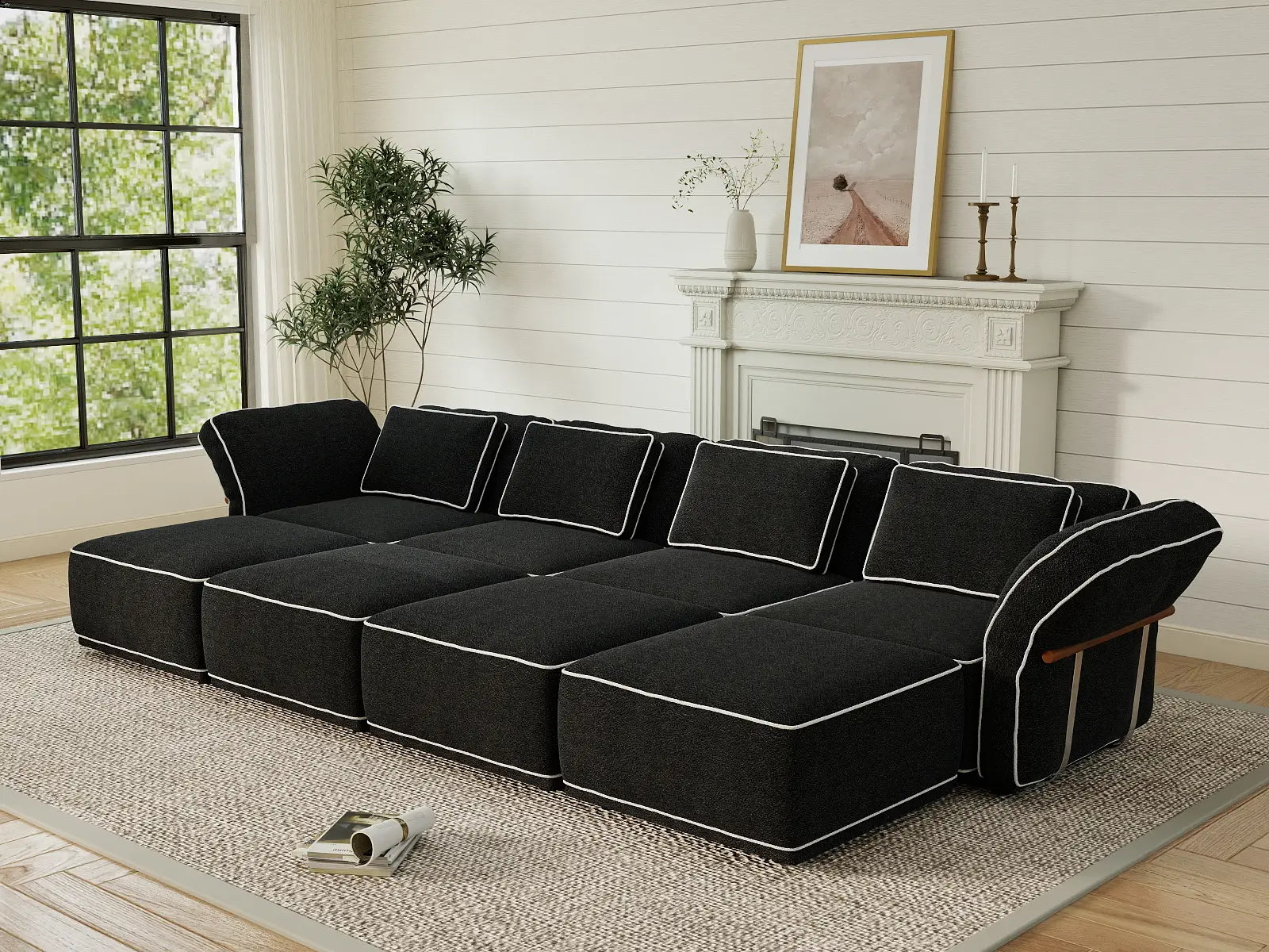 Deluxe Cloud 4-Seater Black Open Space U-Shaped Sectional | 8-Piece (Includes 4 Ottomans), Bouclé Sherpa-Like Fabric, Easy To Clean