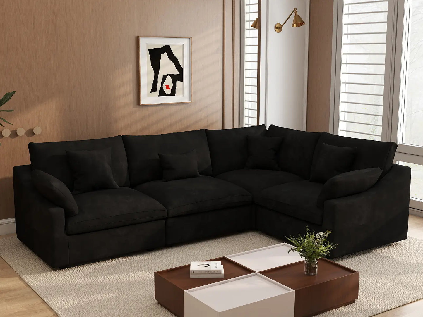 Deluxe Cloud 4-Seater Black Pit Sectional | 4-Piece, Chenille And Linen Fabric, Washable Cushion Covers
