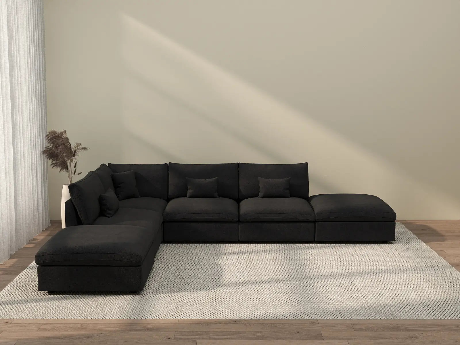 Deluxe Cloud 4-Seater Black Pit Sectional | 6-Piece (Includes 2 Ottomans), Chenille And Linen Fabric, Washable Cushion Covers