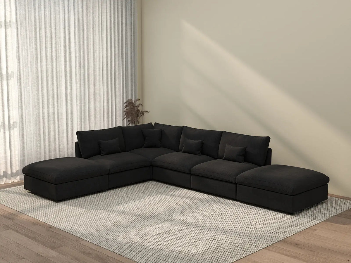 Deluxe Cloud 4-Seater Black Pit Sectional | 6-Piece (Includes 2 Ottomans), Chenille And Linen Fabric, Washable Cushion Covers