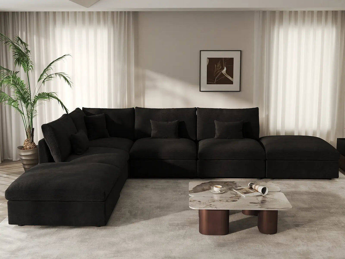 Deluxe Cloud 4-Seater Black Pit Sectional | 6-Piece (Includes 2 Ottomans), Chenille And Linen Fabric, Washable Cushion Covers