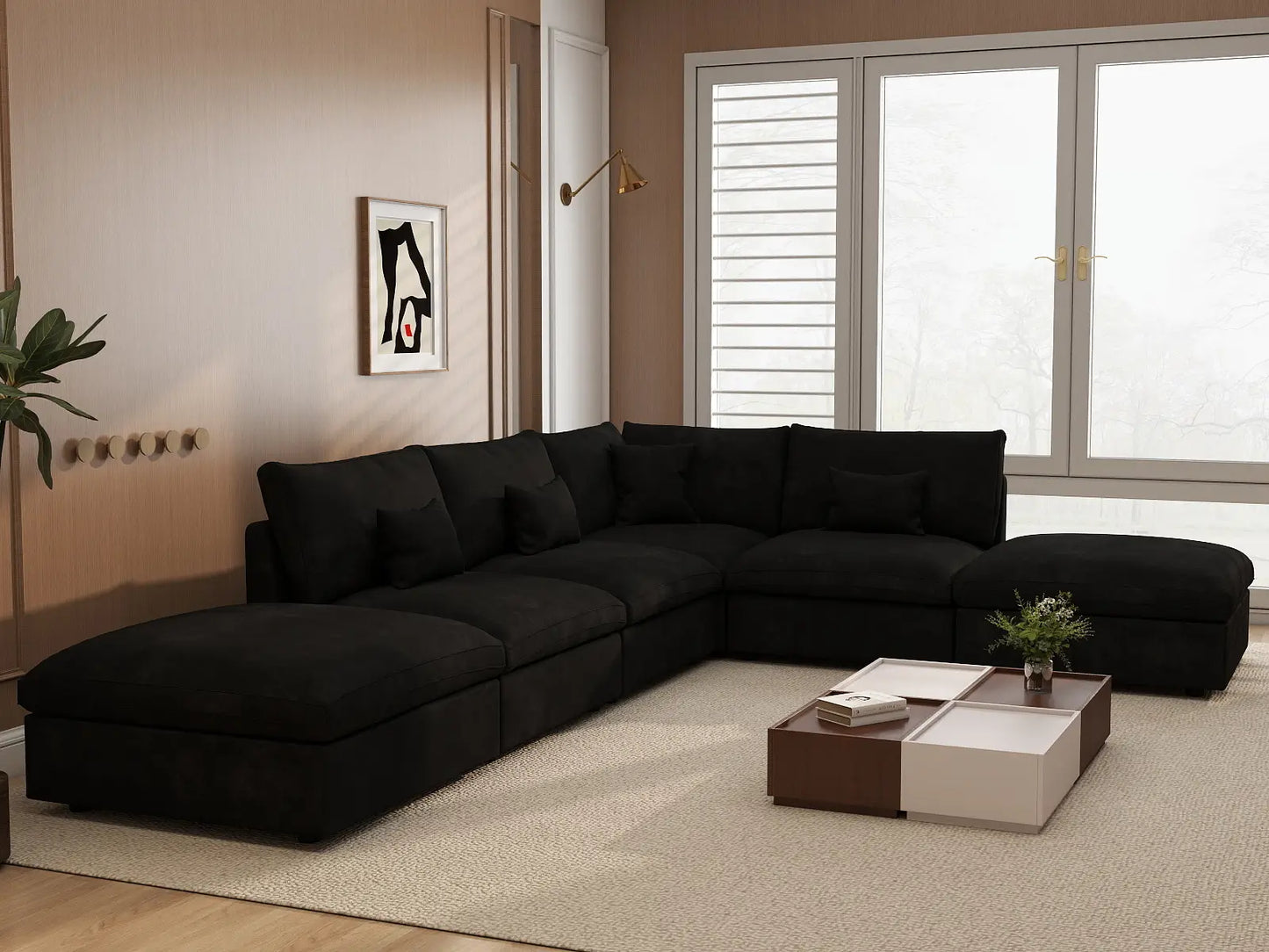 Deluxe Cloud 4-Seater Black Pit Sectional | 6-Piece (Includes 2 Ottomans), Chenille And Linen Fabric, Washable Cushion Covers