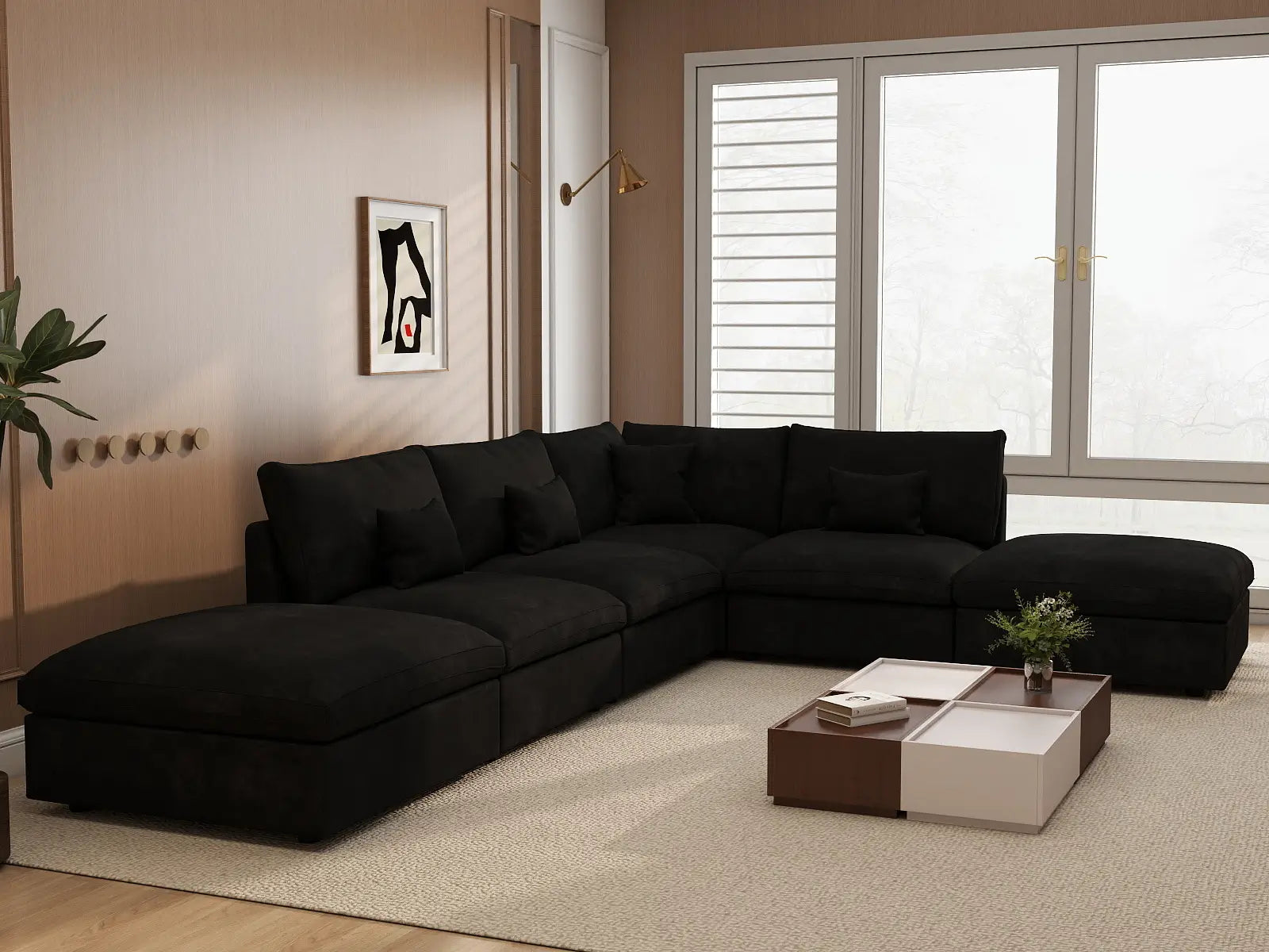 Deluxe Cloud 4-Seater Black Pit Sectional | 6-Piece (Includes 2 Ottomans), Chenille And Linen Fabric, Washable Cushion Covers