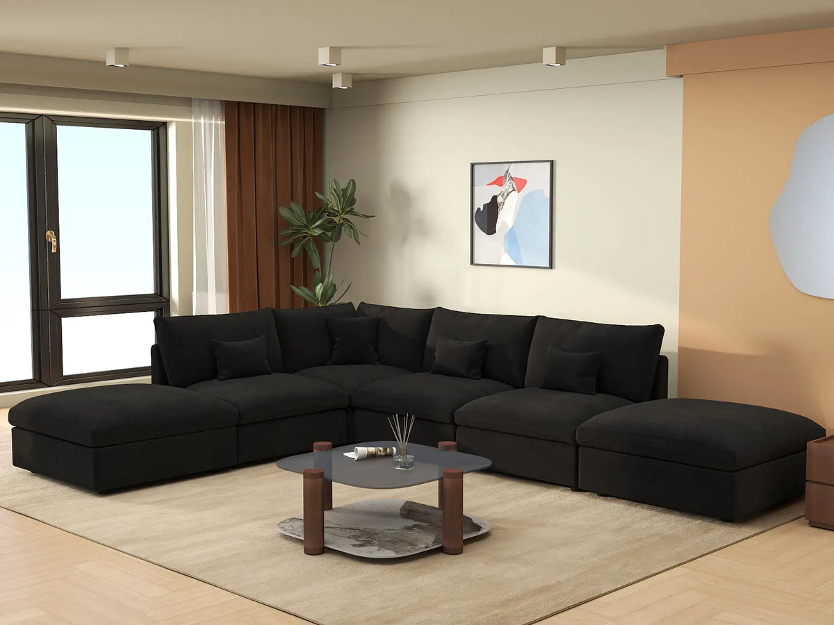 Deluxe Cloud 4-Seater Black Pit Sectional | 6-Piece (Includes 2 Ottomans), Chenille And Linen Fabric, Washable Cushion Covers