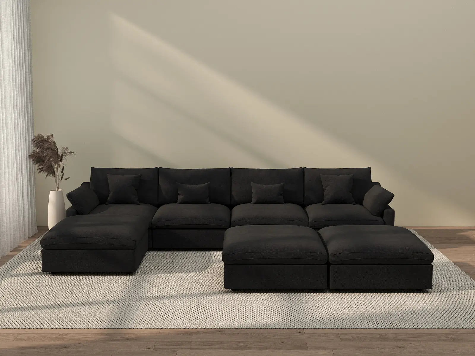 Deluxe Cloud 4-Seater Black Pit Sectional | 7-Piece (Includes 3 Ottomans), Chenille And Linen Fabric, Washable Cushion Covers