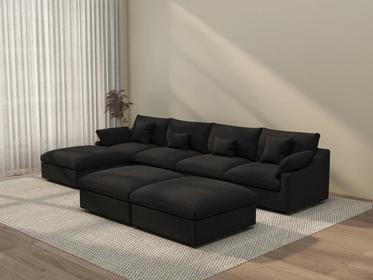 Deluxe Cloud 4-Seater Black Pit Sectional | 7-Piece (Includes 3 Ottomans), Chenille And Linen Fabric, Washable Cushion Covers