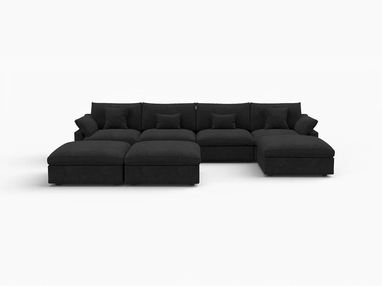 Deluxe Cloud 4-Seater Black Pit Sectional | 7-Piece (Includes 3 Ottomans), Chenille And Linen Fabric, Washable Cushion Covers