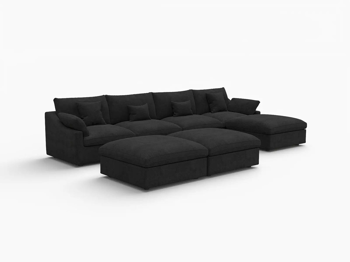 Deluxe Cloud 4-Seater Black Pit Sectional | 7-Piece (Includes 3 Ottomans), Chenille And Linen Fabric, Washable Cushion Covers