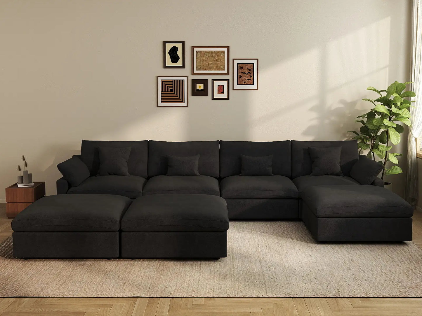 Deluxe Cloud 4-Seater Black Pit Sectional | 7-Piece (Includes 3 Ottomans), Chenille And Linen Fabric, Washable Cushion Covers