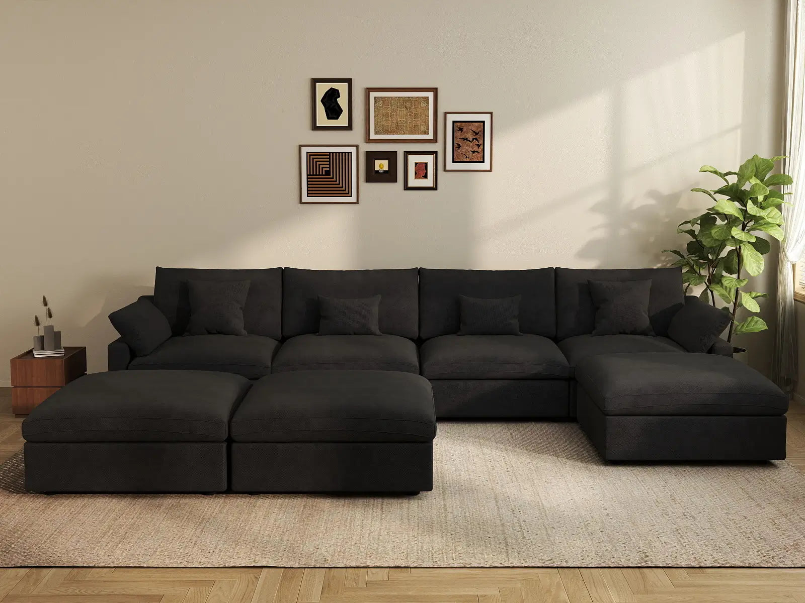 Deluxe Cloud 4-Seater Black Pit Sectional | 7-Piece (Includes 3 Ottomans), Chenille And Linen Fabric, Washable Cushion Covers