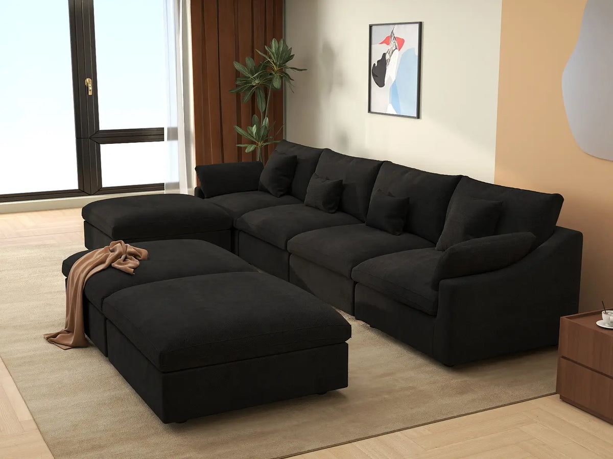 Deluxe Cloud 4-Seater Black Pit Sectional | 7-Piece (Includes 3 Ottomans), Chenille And Linen Fabric, Washable Cushion Covers