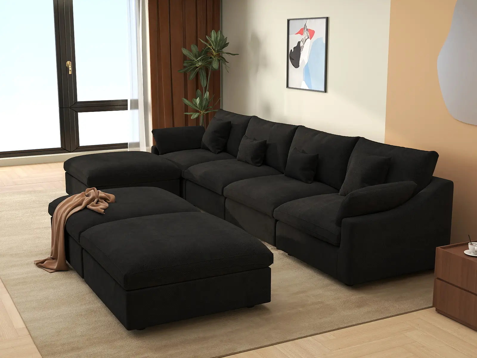 Deluxe Cloud 4-Seater Black Pit Sectional | 7-Piece (Includes 3 Ottomans), Chenille And Linen Fabric, Washable Cushion Covers