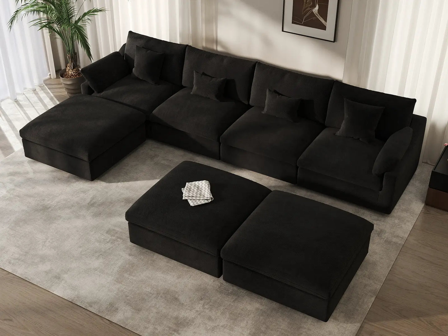 Deluxe Cloud 4-Seater Black Pit Sectional | 7-Piece (Includes 3 Ottomans), Chenille And Linen Fabric, Washable Cushion Covers