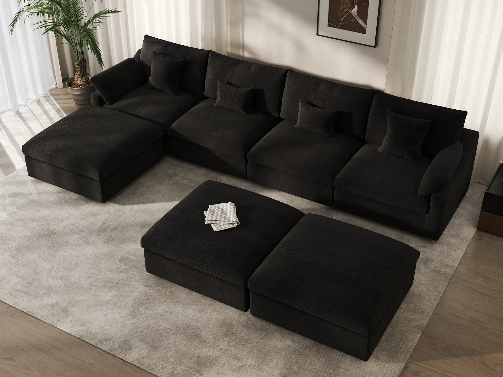 Deluxe Cloud 4-Seater Black Pit Sectional | 7-Piece (Includes 3 Ottomans), Chenille And Linen Fabric, Washable Cushion Covers