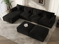 Deluxe Cloud 4-Seater Black Pit Sectional | 7-Piece (Includes 3 Ottomans), Chenille And Linen Fabric, Washable Cushion Covers