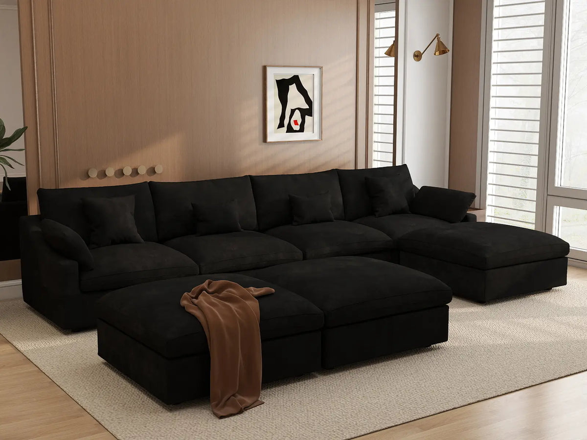 Deluxe Cloud 4-Seater Black Pit Sectional | 7-Piece (Includes 3 Ottomans), Chenille And Linen Fabric, Washable Cushion Covers