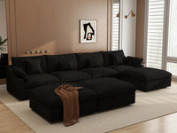 Deluxe Cloud 4-Seater Black Pit Sectional | 7-Piece (Includes 3 Ottomans), Chenille And Linen Fabric, Washable Cushion Covers