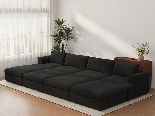 Seccional esquinero Deluxe Cloud de 4 asientos negro | 8 piezas (incluye 4 otomanas), tela tipo sherpa bouclé, fundas de cojín lavables