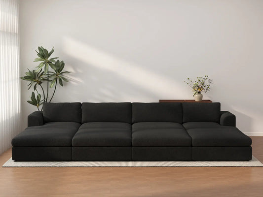 Seccional esquinero Deluxe Cloud de 4 asientos negro | 8 piezas (incluye 4 otomanas), tela tipo sherpa bouclé, fundas de cojín lavables