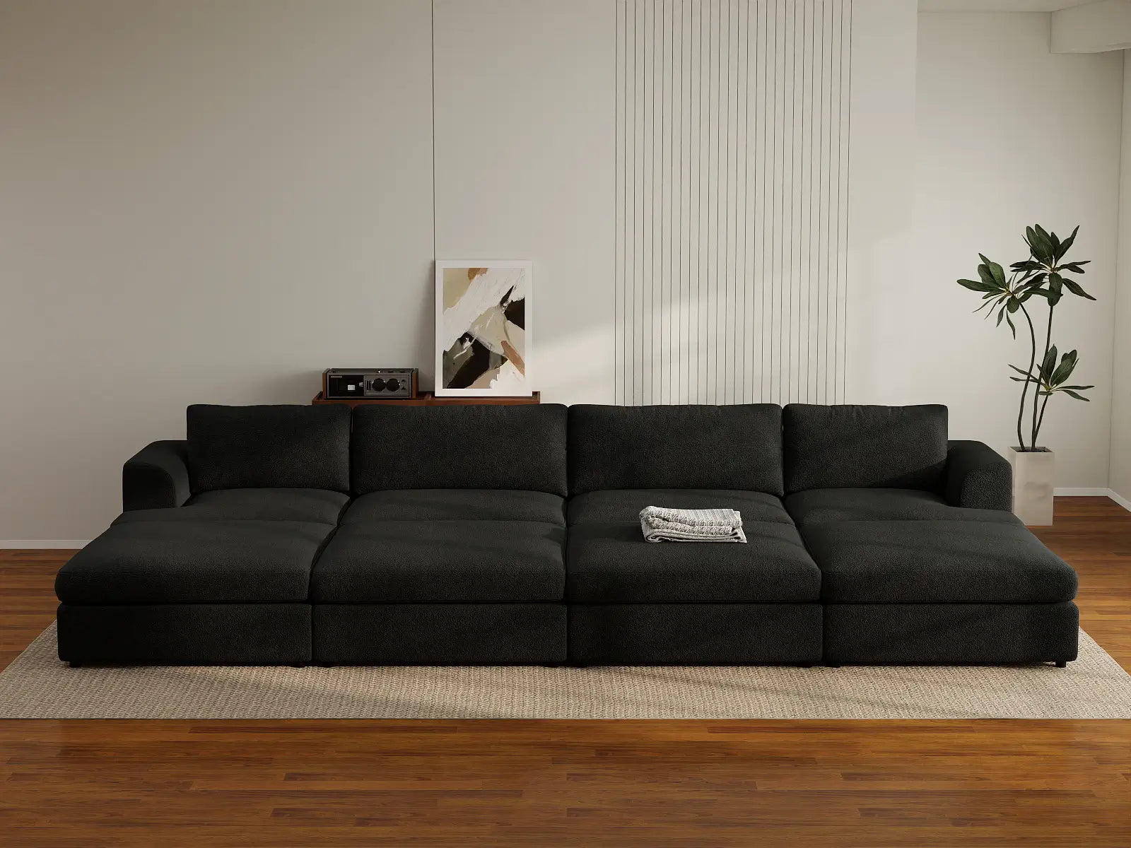 Deluxe Cloud 4-Seater Black Pit Sectional | 8-Piece (Includes 4 Ottomans), Bouclé Sherpa-Like Fabric, Washable Cushion Covers