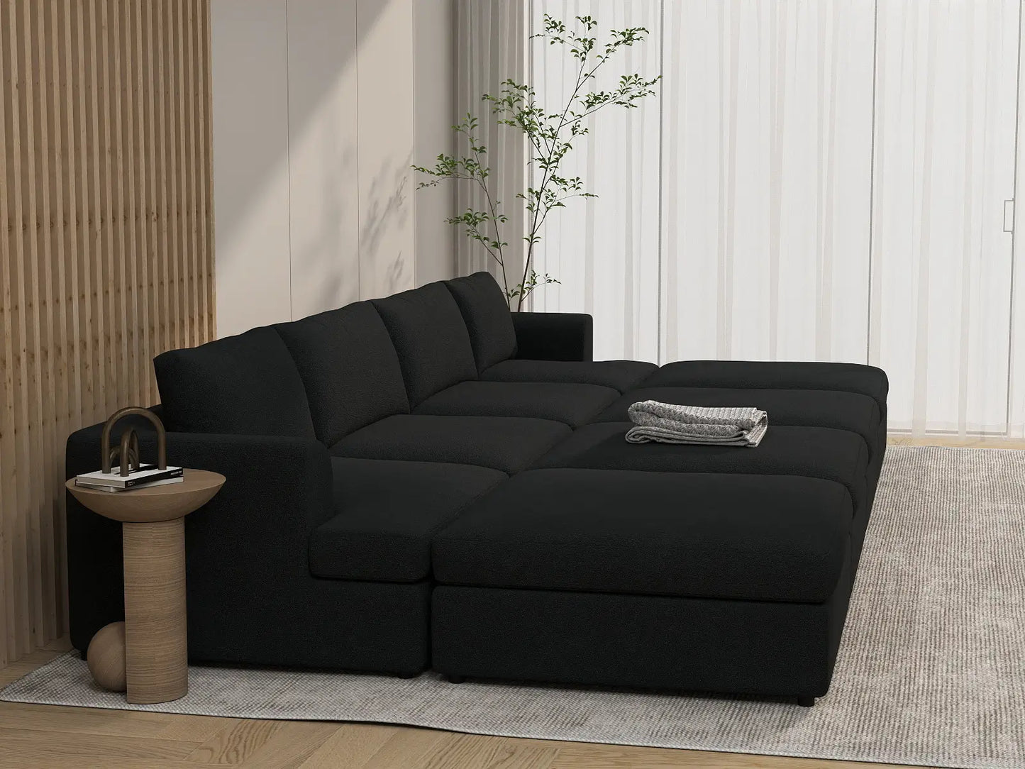 Deluxe Cloud 4-Seater Black Pit Sectional | 8-Piece (Includes 4 Ottomans), Bouclé Sherpa-Like Fabric, Washable Cushion Covers