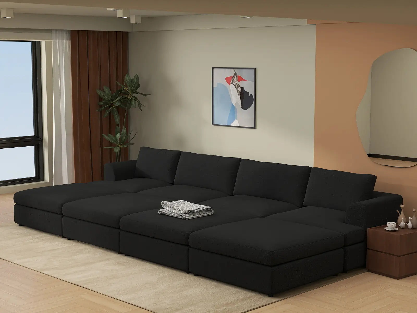 Deluxe Cloud 4-Seater Black Pit Sectional | 8-Piece (Includes 4 Ottomans), Bouclé Sherpa-Like Fabric, Washable Cushion Covers