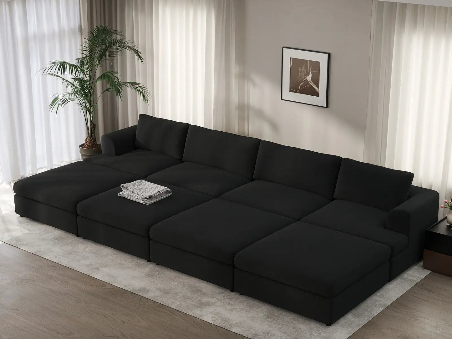 Deluxe Cloud 4-Seater Black Pit Sectional | 8-Piece (Includes 4 Ottomans), Bouclé Sherpa-Like Fabric, Washable Cushion Covers