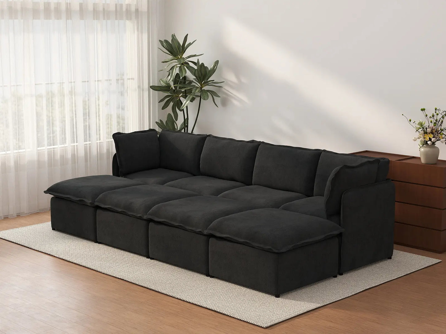 Deluxe Cloud 4-Seater Black Pit Sectional | 8-Piece (Includes 4 Ottomans), Linen Look Poly Fabric, Washable Cushion Covers