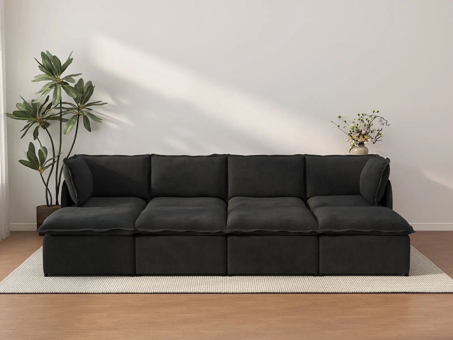 Deluxe Cloud 4-Seater Black Pit Sectional | 8-Piece (Includes 4 Ottomans), Linen Look Poly Fabric, Washable Cushion Covers