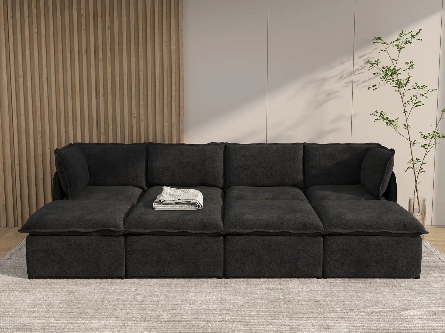 Deluxe Cloud 4-Seater Black Pit Sectional | 8-Piece (Includes 4 Ottomans), Linen Look Poly Fabric, Washable Cushion Covers