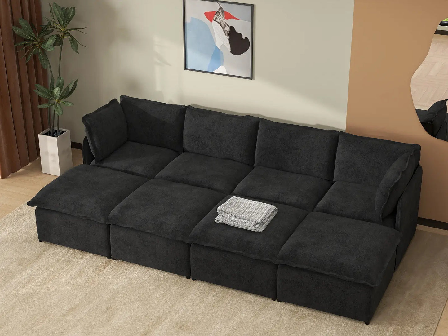 Deluxe Cloud 4-Seater Black Pit Sectional | 8-Piece (Includes 4 Ottomans), Linen Look Poly Fabric, Washable Cushion Covers