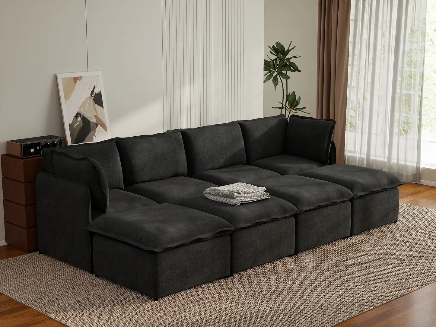 Deluxe Cloud 4-Seater Black Pit Sectional | 8-Piece (Includes 4 Ottomans), Linen Look Poly Fabric, Washable Cushion Covers
