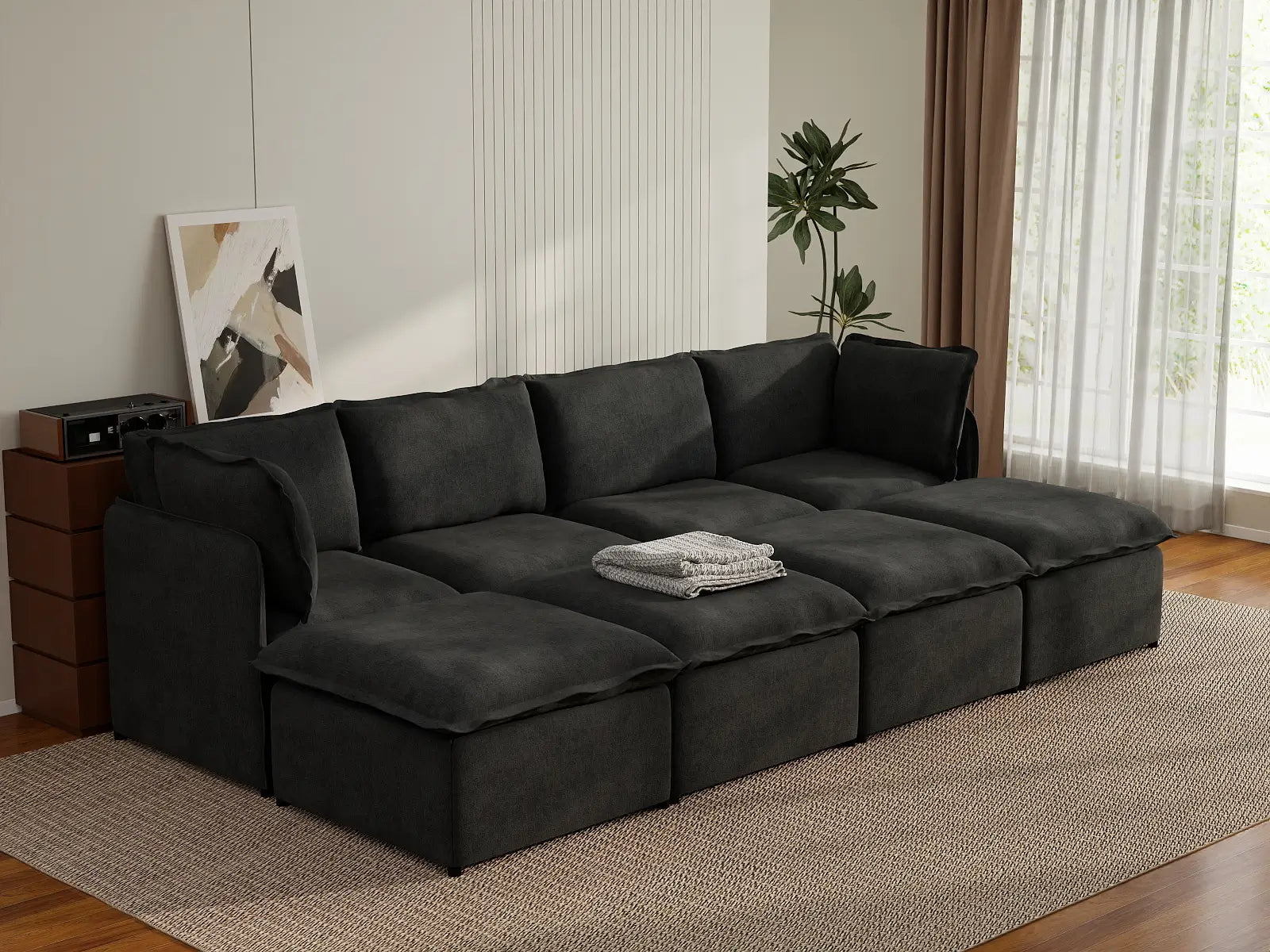 Deluxe Cloud 4-Seater Black Pit Sectional | 8-Piece (Includes 4 Ottomans), Linen Look Poly Fabric, Washable Cushion Covers