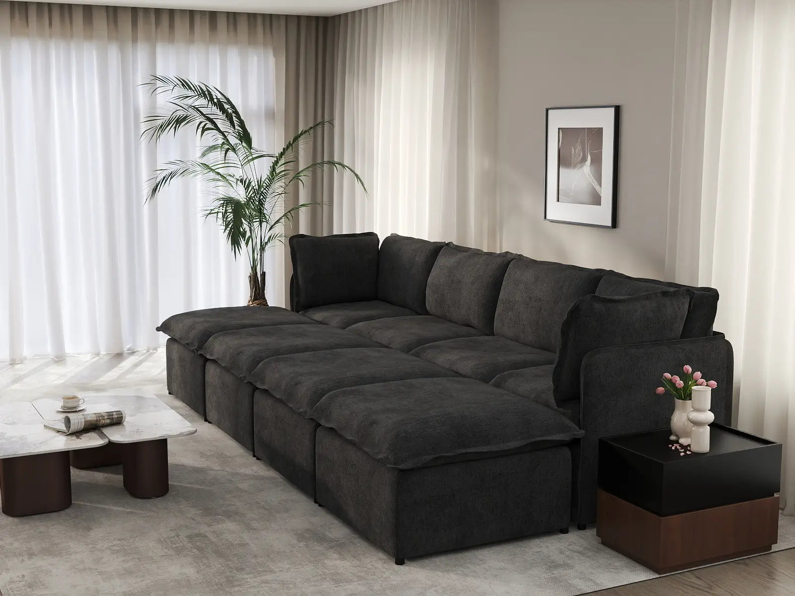 Deluxe Cloud 4-Seater Black Pit Sectional | 8-Piece (Includes 4 Ottomans), Linen Look Poly Fabric, Washable Cushion Covers
