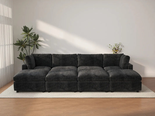 Deluxe Cloud 4-Seater Black Pit Sectional | 8-Piece (Includes 4 Ottomans), Linen-Blend Chenille Fabric, Washable Cushion Covers