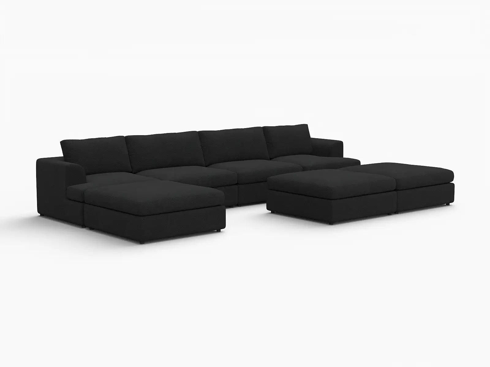 Deluxe Cloud 4-Seater Black Sofa Set | 7-Piece (Includes 3 Ottomans), Bouclé Sherpa-Like Fabric, Washable Cushion Covers