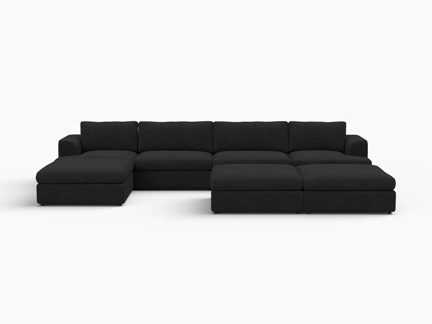 Deluxe Cloud 4-Seater Black Sofa Set | 7-Piece (Includes 3 Ottomans), Bouclé Sherpa-Like Fabric, Washable Cushion Covers