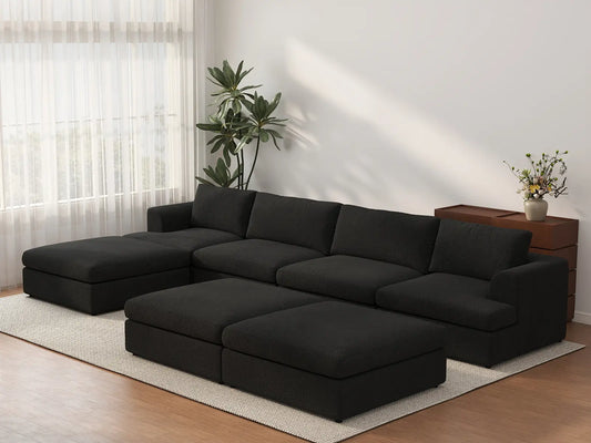 Juego de sofá de 4 plazas Deluxe Cloud negro | 7 piezas (incluye 3 pufs), tela tipo borreguito buclé, fundas de cojín lavables