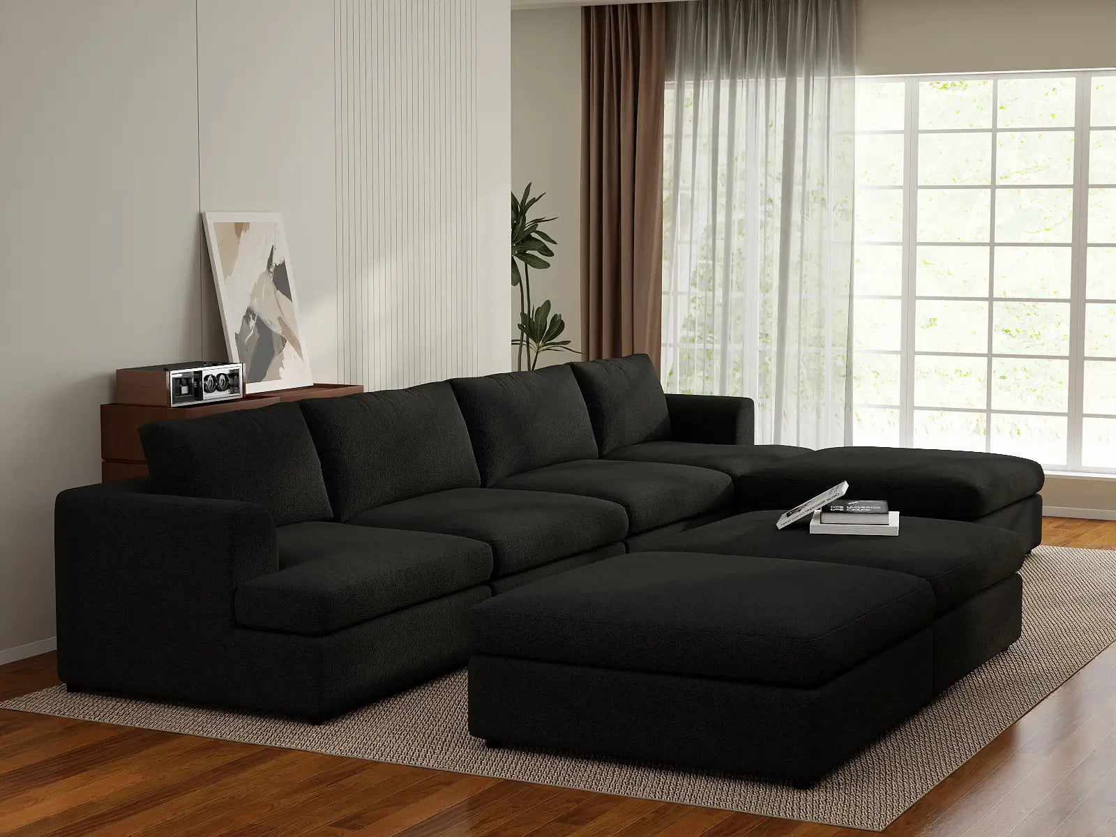Deluxe Cloud 4-Seater Black Sofa Set | 7-Piece (Includes 3 Ottomans), Bouclé Sherpa-Like Fabric, Washable Cushion Covers