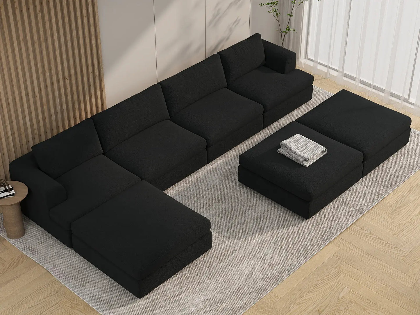 Deluxe Cloud 4-Seater Black Sofa Set | 7-Piece (Includes 3 Ottomans), Bouclé Sherpa-Like Fabric, Washable Cushion Covers