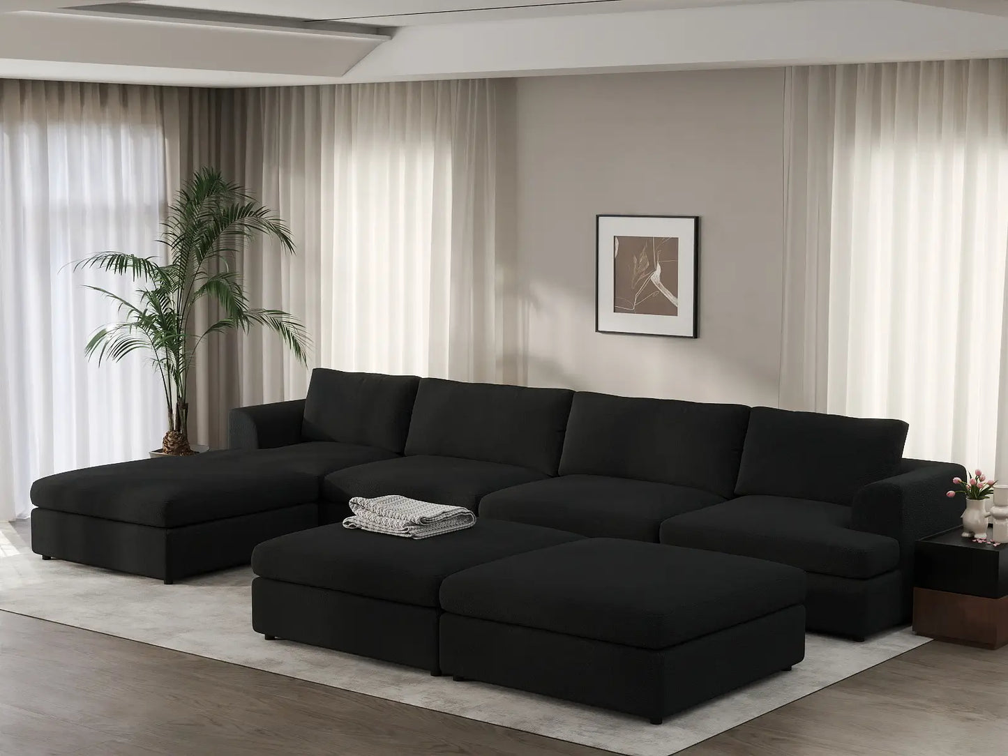 Deluxe Cloud 4-Seater Black Sofa Set | 7-Piece (Includes 3 Ottomans), Bouclé Sherpa-Like Fabric, Washable Cushion Covers