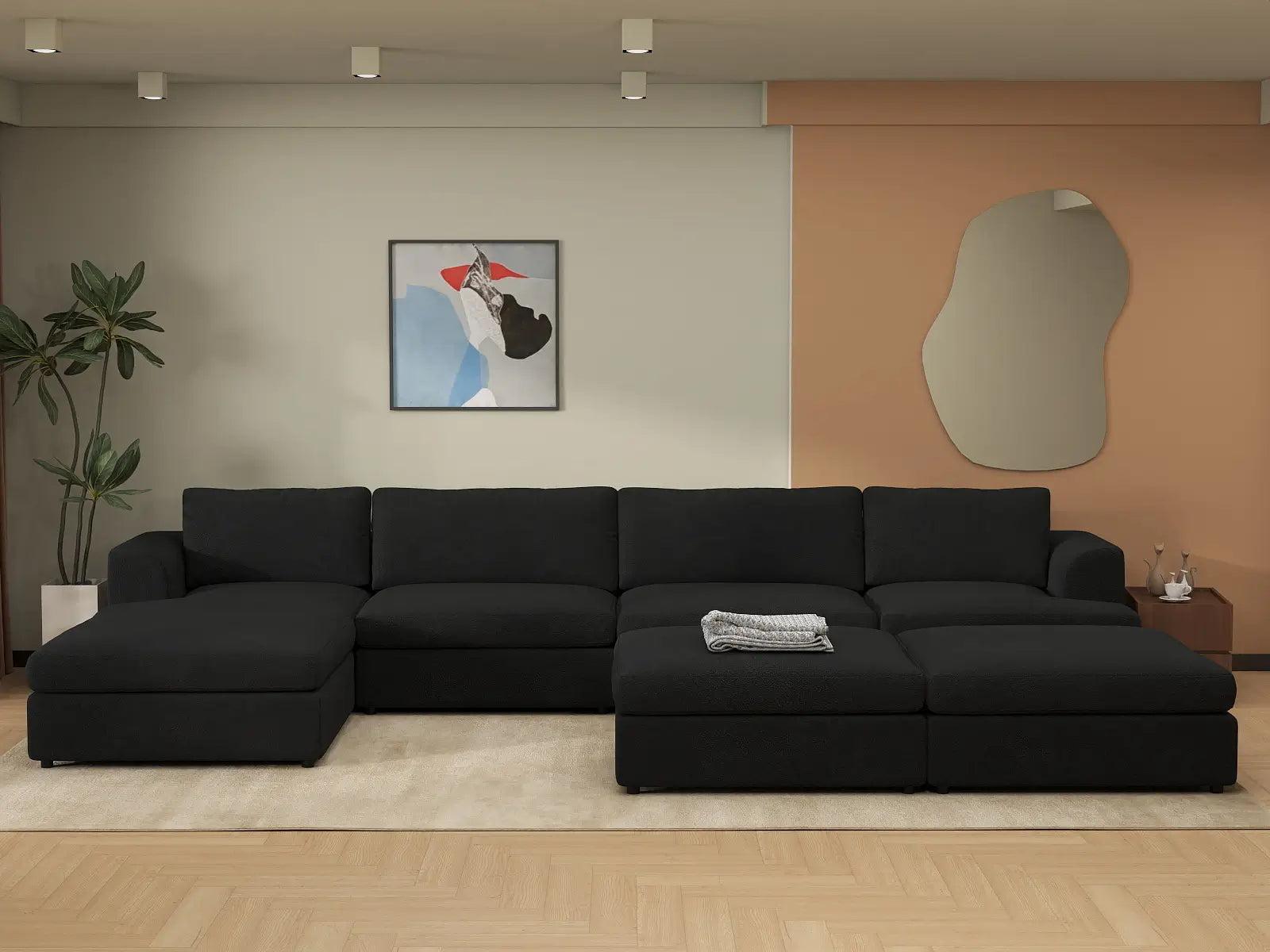 Deluxe Cloud 4-Seater Black Sofa Set | 7-Piece (Includes 3 Ottomans), Bouclé Sherpa-Like Fabric, Washable Cushion Covers
