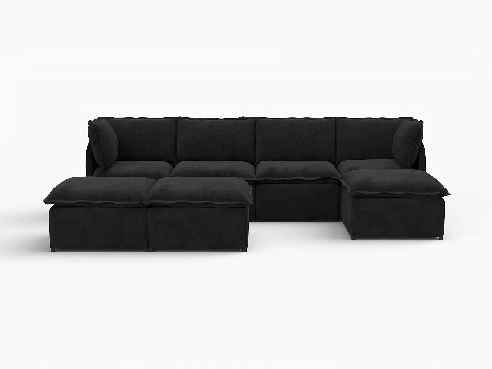 Deluxe Cloud 4-Seater Black Sofa Set | 7-Piece (Includes 3 Ottomans), Linen Look Poly Fabric, Washable Cushion Covers