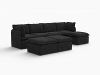 Deluxe Cloud 4-Seater Black Sofa Set | 7-Piece (Includes 3 Ottomans), Linen Look Poly Fabric, Washable Cushion Covers