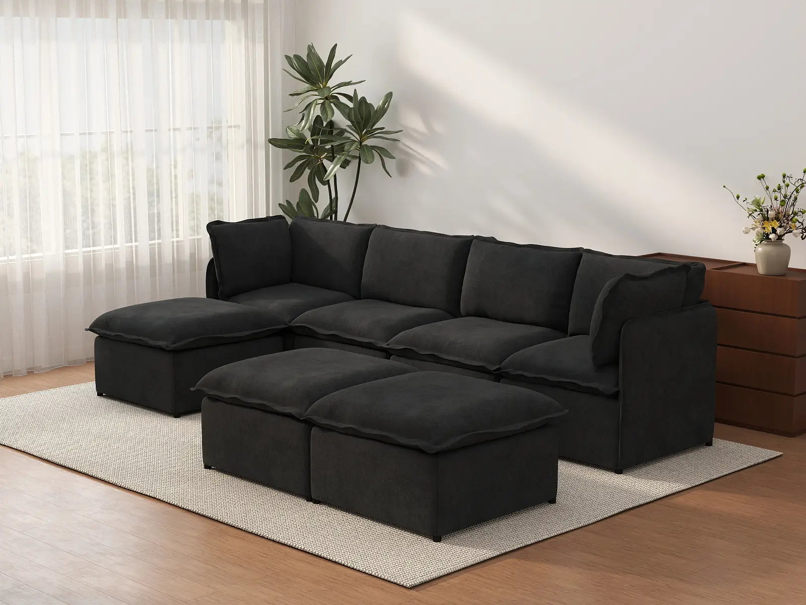 Deluxe Cloud 4-Seater Black Sofa Set | 7-Piece (Includes 3 Ottomans), Linen Look Poly Fabric, Washable Cushion Covers