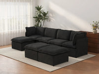 Deluxe Cloud 4-Seater Black Sofa Set | 7-Piece (Includes 3 Ottomans), Linen Look Poly Fabric, Washable Cushion Covers