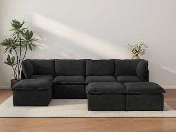Deluxe Cloud 4-Seater Black Sofa Set | 7-Piece (Includes 3 Ottomans), Linen Look Poly Fabric, Washable Cushion Covers